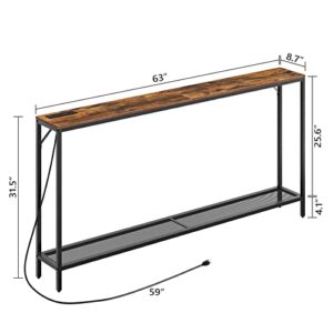 ALLOSWELL 63” Sofa Table with Power Outlets, 2-Tier Console Table with Charging Station, Couch Table, Narrow Long Behind Sofa Table, for Living Room, Entryway, Foyer, Rustic Brown and Black CTHR22E01