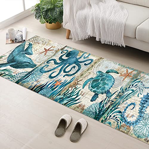 GUBIYU Ocean Animal Area Rug Tropical Beach Sea Turtle Octopus Rug Teal Non Slip Beach Bathroom Rug Coastal Runner Rug Washable Kitchen Rug Mat for Living Dining Dorm Room Bedroom Home Decor 23.6"x59"