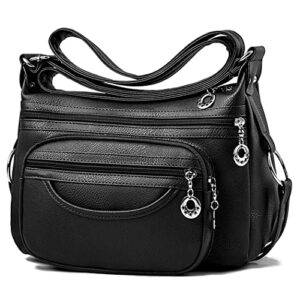 tianhengyi leather crossbody bag for women multi pockets shoulder purse messenger bag ladies lightweight pocketbook (black)