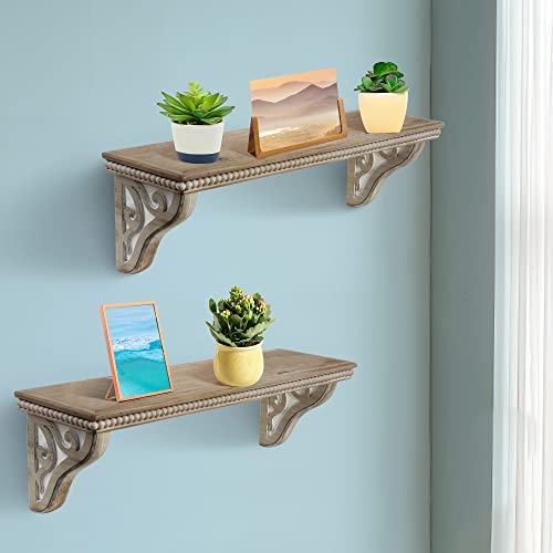 ZONECYTD Rustic 24 inch Long Wood Floating Shelves for Wall, Hanging Farmhouse Large Set of 2 Boho Bedroom Bathroom Kitchen Storage Mounted Wall Shelf with Wooden Bead, Brown