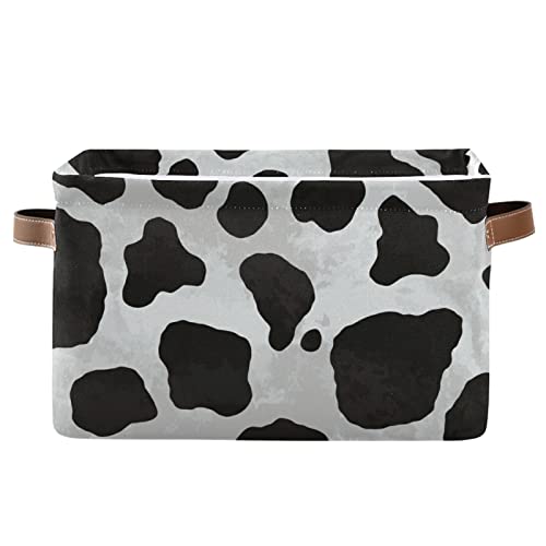 Foldable Storage Basket Cow Pattern Fabric Collapsible Organizer Basket with PU Handles, Decorative Baskets for Shelves Home Closet Bedroom Living Room - 1 Pack