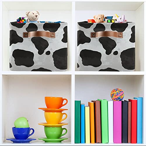 Foldable Storage Basket Cow Pattern Fabric Collapsible Organizer Basket with PU Handles, Decorative Baskets for Shelves Home Closet Bedroom Living Room - 1 Pack