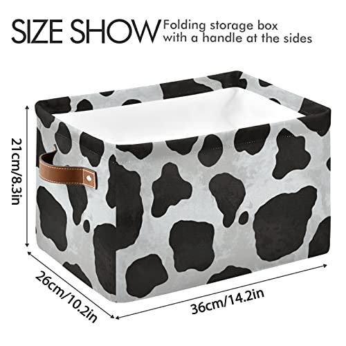 Foldable Storage Basket Cow Pattern Fabric Collapsible Organizer Basket with PU Handles, Decorative Baskets for Shelves Home Closet Bedroom Living Room - 1 Pack