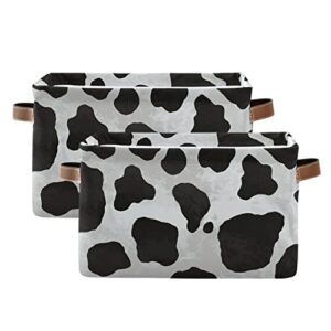 Foldable Storage Basket Cow Pattern Fabric Collapsible Organizer Basket with PU Handles, Decorative Baskets for Shelves Home Closet Bedroom Living Room - 1 Pack