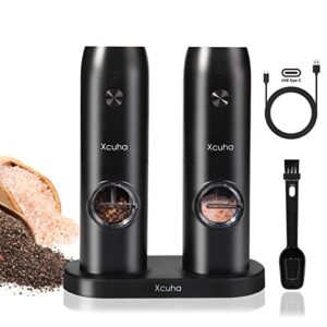 rechargeable automatic salt and pepper grinder set: rechargeable base adjustable coarseness refillable large capacity one hand operated white led light black electric spice peppercorn mill shakers