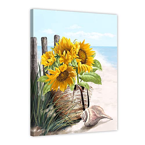 Framed Vintage Sunflower Wall Decor, Rustic Yellow Sunflower in Straw Woven Tote Bag, Conch Canvas Wall Art, Watercolor Painting Artwork Prints, Modern Gallery Home Decor Ready to Hang 12X16 inch