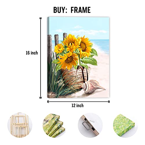 Framed Vintage Sunflower Wall Decor, Rustic Yellow Sunflower in Straw Woven Tote Bag, Conch Canvas Wall Art, Watercolor Painting Artwork Prints, Modern Gallery Home Decor Ready to Hang 12X16 inch