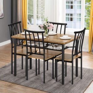 amyove kitchen table and chairs for 4, 5 piece dining table set with storage rack, rustic dining room table set metal and wood rectangular dining table for breakfast nook, kitchen, rustic brown