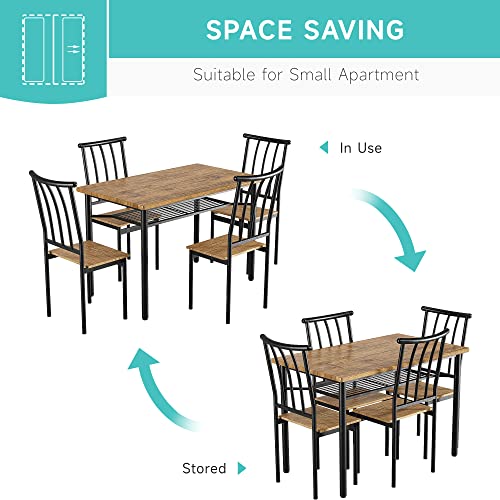 Amyove Kitchen Table and Chairs for 4, 5 Piece Dining Table Set with Storage Rack, Rustic Dining Room Table Set Metal and Wood Rectangular Dining Table for Breakfast Nook, Kitchen, Rustic Brown
