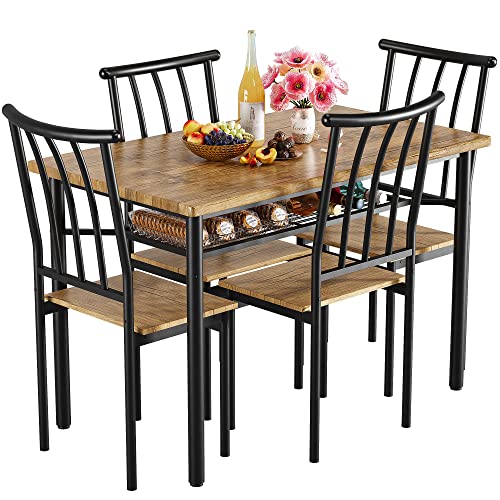 Amyove Kitchen Table and Chairs for 4, 5 Piece Dining Table Set with Storage Rack, Rustic Dining Room Table Set Metal and Wood Rectangular Dining Table for Breakfast Nook, Kitchen, Rustic Brown