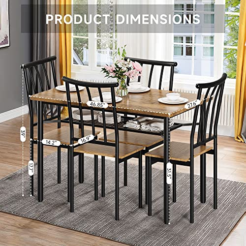 Amyove Kitchen Table and Chairs for 4, 5 Piece Dining Table Set with Storage Rack, Rustic Dining Room Table Set Metal and Wood Rectangular Dining Table for Breakfast Nook, Kitchen, Rustic Brown