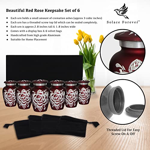 Red Rose Urns - Keepsake Urns for Human Ashes - Mini Urns Set of 6 with Premium Box & Bags - Honor Your Loved One with Handcrafted Small Cremation Urns - Perfect Red Urns for Adults & Infants