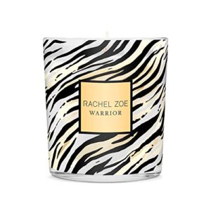 rachel zoe warrior scented candle – notes of mandarin, tuberose and patchouli – contains paraffin soy wax, cotton wick and perfume oil – zebra printed jar – long lasting floral fragrance – 6.3 oz