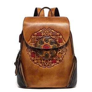 ebesa leather backpack for women organizer retro vegetable tanning leather bag vintage embossing totem (orange brown)