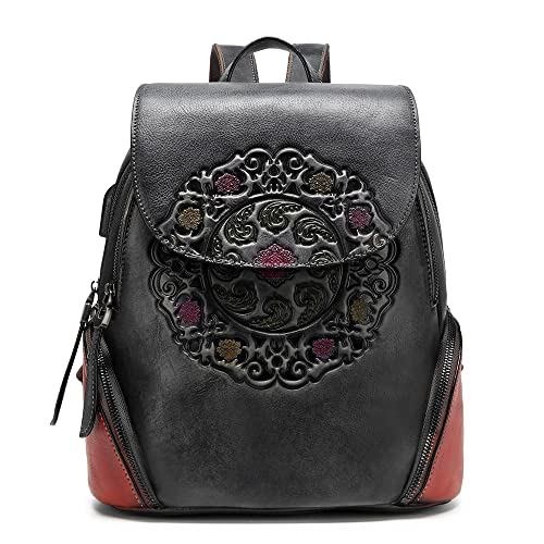 EBESA Leather Backpack for Women Organizer Retro Vegetable Tanning leather bag Vintage Embossing Totem (black)