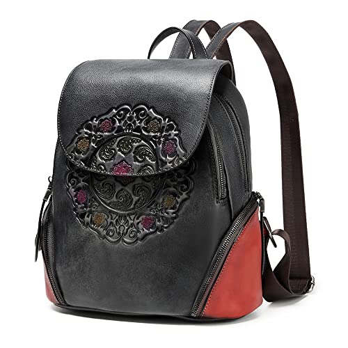 EBESA Leather Backpack for Women Organizer Retro Vegetable Tanning leather bag Vintage Embossing Totem (black)