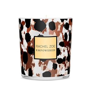 rachel zoe empowered scented candle – notes of jasmine, coconut and musk – contains paraffin soy wax, cotton wick and perfume oil – leopard printed jar – long lasting floral fragrance – 6.3 oz