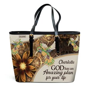 jesuspirit – large shoulder bag with changing name – god has an amazing plan for your life – personalized faux leather tote bag with strap – worship gift for sister, aunt, daughter – hummingbird & flower