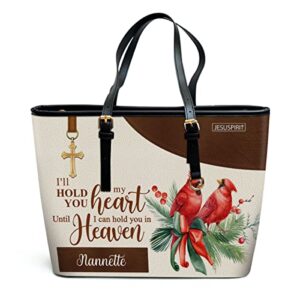 jesuspirit memorial large tote bag with gold-tone hardware – cardinal & cross – customized leather bag with zipper and pockets – worship gift for christian grandma, mom – i‘ll hold you in my heart