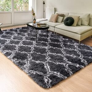 unirea shag area rug modern indoor plush fluffy rugs, super soft and fuzzy carpet, geometric moroccan rugs for bedroom living room girls kids nursery, 4×6 feet dark grey/white