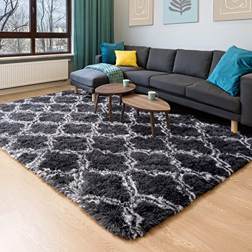 Unirea Shag Area Rug Modern Indoor Plush Fluffy Rugs, Super Soft and Fuzzy Carpet, Geometric Moroccan Rugs for Bedroom Living Room Girls Kids Nursery, 4x6 Feet Dark Grey/White