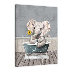 funny sunflower elephant bathroom decor, cute elephant in bathtub wall art watercolor painting prints,modern bathroom accessories,cool unique bathroom sign,farmhouse animal poster 12″x16″ framed