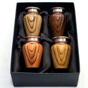 wooden print keepsake urns – small cremation urns – mini urns for human ashes set of 4 with premium box & bags – honor your loved one with metallic wooden urns for ashes – small urns for men & women