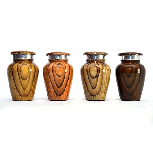 Wooden Print Keepsake Urns - Small Cremation Urns - Mini Urns for Human Ashes Set of 4 with Premium Box & Bags - Honor Your Loved One with Metallic Wooden Urns for Ashes - Small Urns for Men & Women