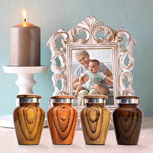 Wooden Print Keepsake Urns - Small Cremation Urns - Mini Urns for Human Ashes Set of 4 with Premium Box & Bags - Honor Your Loved One with Metallic Wooden Urns for Ashes - Small Urns for Men & Women