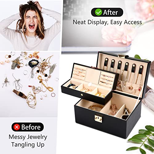 CHFONG Jewelry Box, 2 Layers PU Leather Display Jewellery Holder, Removable Travel Portable Jewelry Case for Necklace Earrings Rings Bracelets, Jewelry Boxes Organizer for Women Girls Wife - Black