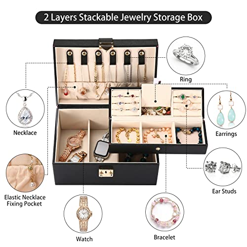 CHFONG Jewelry Box, 2 Layers PU Leather Display Jewellery Holder, Removable Travel Portable Jewelry Case for Necklace Earrings Rings Bracelets, Jewelry Boxes Organizer for Women Girls Wife - Black