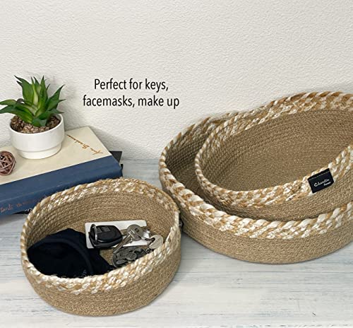 CHARDIN HOME Jute Rope Decor Baskets - SET OF 3 collapsible baskets, (8, 10,12 Inch Diameter, 4 Inch height) for kitchens, desks, dressers. Also great for multi-purpose storage.