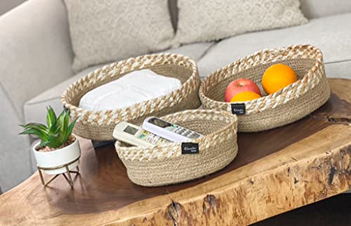 CHARDIN HOME Jute Rope Decor Baskets - SET OF 3 collapsible baskets, (8, 10,12 Inch Diameter, 4 Inch height) for kitchens, desks, dressers. Also great for multi-purpose storage.