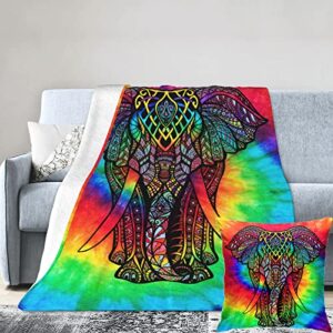 Voudlye Elephant Blankets Throw Tie Dye Rainbow Blanket 60"x50" for Women Men and Kids Comfort Warmth Soft Plush Throw for Bed Bedroom Sofa