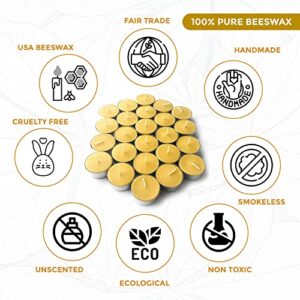 Pure Beeswax Tealights (Pack of 48) - Unscented Tea Lights with Light & Natural Honey Scent - Decorative & Handmade Candles for Home, Wedding - 4 Hour Burn Time - Ecofriendly Smokeless & Clean Burnin