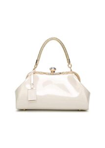 yaqunicer tote bag patent leather handbag for women top handle evening bag wedding retro purse-white