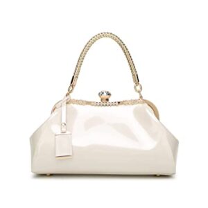 YAQUNICER Tote Bag Patent Leather Handbag for Women Top Handle Evening Bag Wedding Retro Purse-White