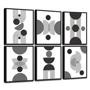 framed abstract wall art, modern boho black and white and gray canvas wall art, neutral abstract geometric wall decor for living room bedroom bathroom office, ready to hang (set of 6, 8×10 inch, framed)