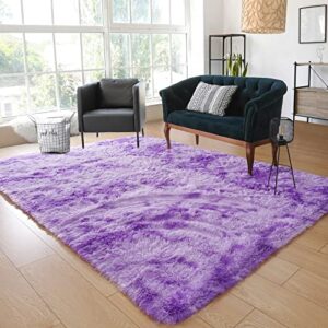 rugici luxury shag area rug, 5×8 feet, tie dyed purple plush fuzzy rugs for living room bedroom kids room decor, non-slip shaggy furry carpets