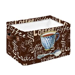 Coffee Cube Storage Baskets for Organizing Waterproof Storage Bins with Handles Storage Basket for Shelves Clothes Toy Closet Organizers, Vintage Printed Cup with Spoon on Brown Word Background