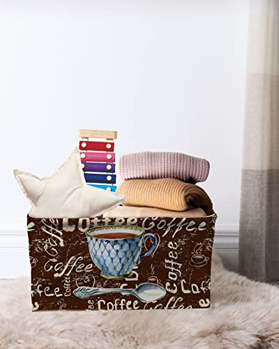 Coffee Cube Storage Baskets for Organizing Waterproof Storage Bins with Handles Storage Basket for Shelves Clothes Toy Closet Organizers, Vintage Printed Cup with Spoon on Brown Word Background