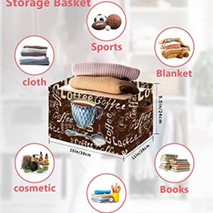 Coffee Cube Storage Baskets for Organizing Waterproof Storage Bins with Handles Storage Basket for Shelves Clothes Toy Closet Organizers, Vintage Printed Cup with Spoon on Brown Word Background