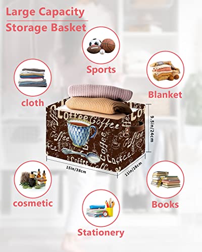 Coffee Cube Storage Baskets for Organizing Waterproof Storage Bins with Handles Storage Basket for Shelves Clothes Toy Closet Organizers, Vintage Printed Cup with Spoon on Brown Word Background