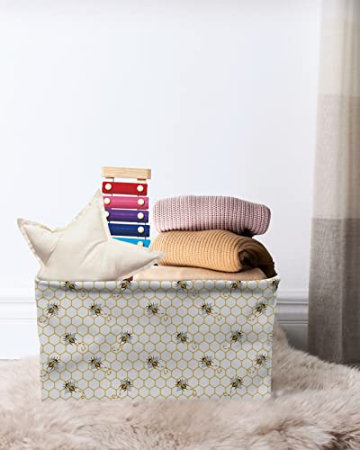 Bee Storage Baskets for Shelves Storage Bins for Organizing Waterproof Shelf Basket for Home Nursery Toys Clothes Towels Cubes Closet Organizers, Bee Pattern on Yellow Beehive Background