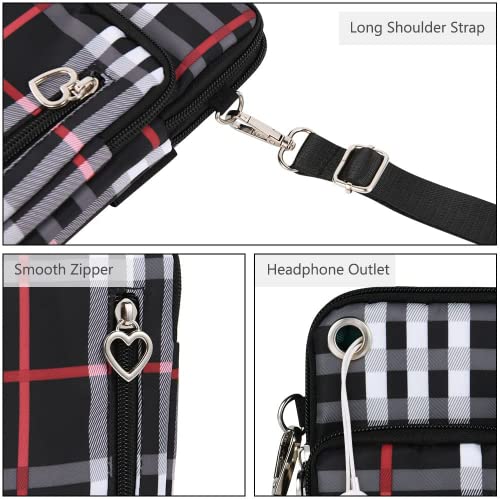 Small Crossbody Wallet Phone Bag, Nylon Cell Phone Purse, Travel Crossbody Bag Cell Phone Shoulder Bag Arm Bag Mini Wallet Purse, with Headphone Port (Black Plaid)