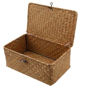 natural straw rattan multipurpose container rectangular storage baskets with lid hand woven storage box with button for desktop home decoration (12 inch)