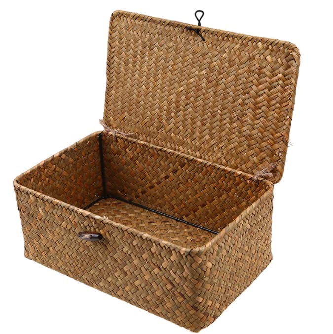 Natural Straw Rattan Multipurpose Container Rectangular Storage Baskets With Lid Hand Woven Storage Box with Button for Desktop Home Decoration (12 Inch)