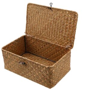 Natural Straw Rattan Multipurpose Container Rectangular Storage Baskets With Lid Hand Woven Storage Box with Button for Desktop Home Decoration (12 Inch)