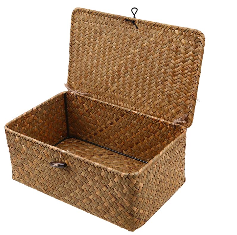 Natural Straw Rattan Multipurpose Container Rectangular Storage Baskets With Lid Hand Woven Storage Box with Button for Desktop Home Decoration (12 Inch)