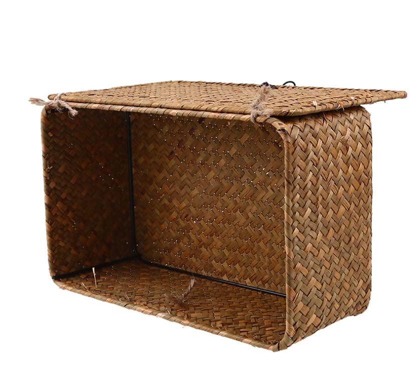 Natural Straw Rattan Multipurpose Container Rectangular Storage Baskets With Lid Hand Woven Storage Box with Button for Desktop Home Decoration (12 Inch)